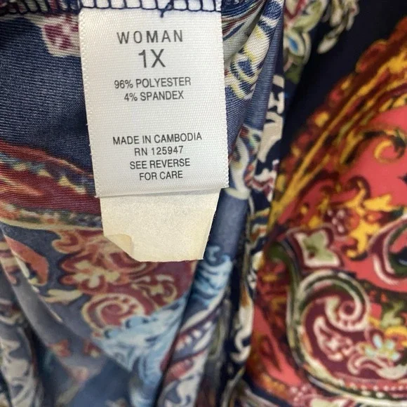 Cocomo Top Womens 1X Blue Paisley Artsy Tie Front Stretch Flowy Popover Office - Picture 8 of 9